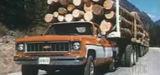 Vintage Commercial Shows Chevy Cheyenne Hauling 187-Ton Log Trailer