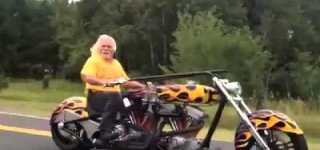 Cool Grandpa on Double Engine Harley Custom Blows Up the Road with Charisma